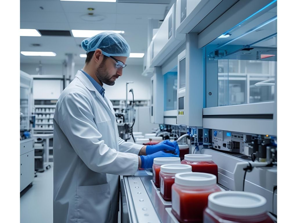 Technician handling blood component containers at a processing bench