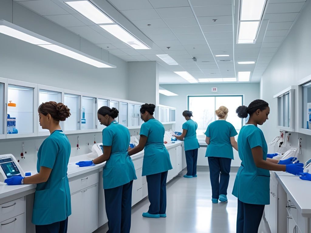 Blood bank staff working at a row of laboratory workstations