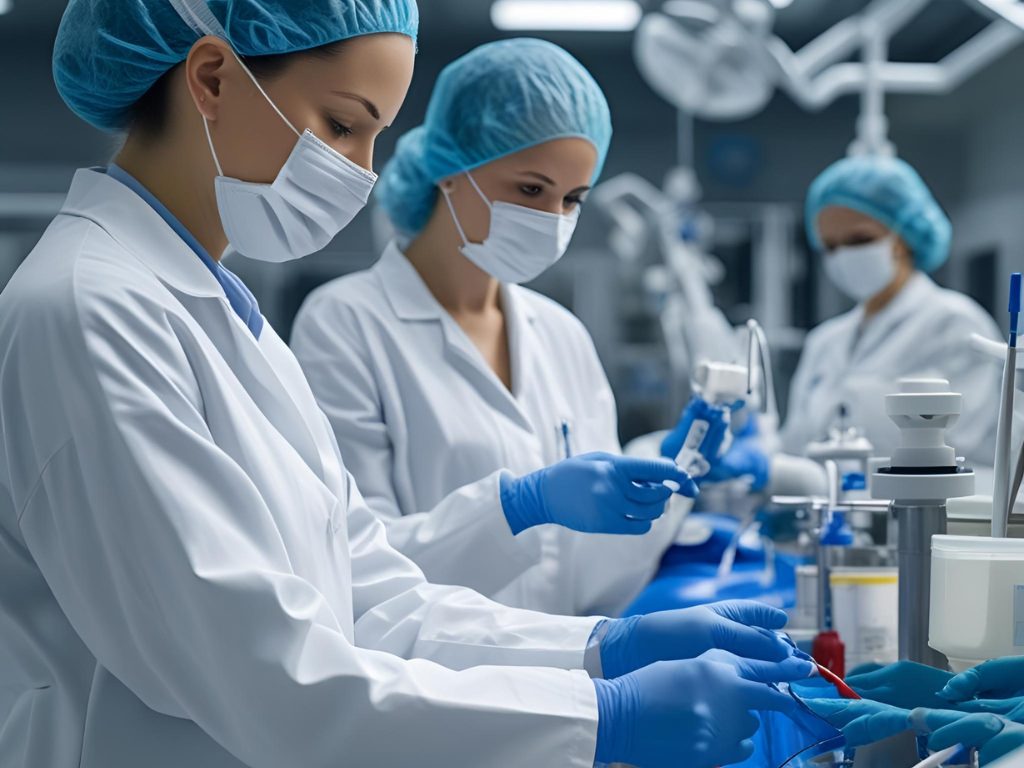 Laboratory team processing blood samples together