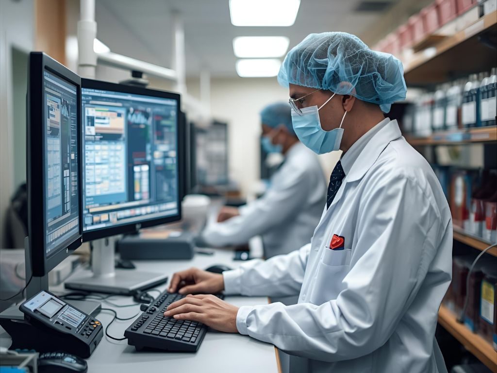 Technician entering test results at a laboratory computer