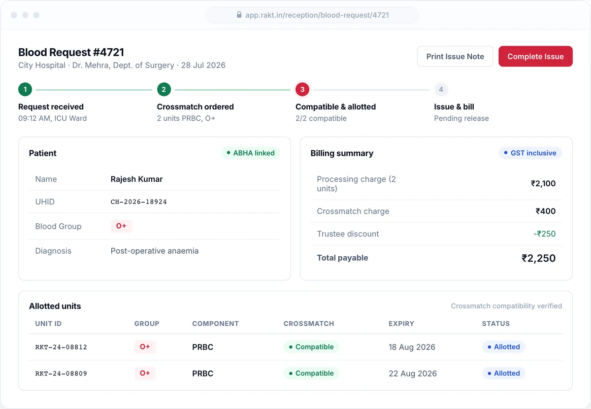 Blood request screen in RAKT with units allotted and crossmatch compatibility recorded